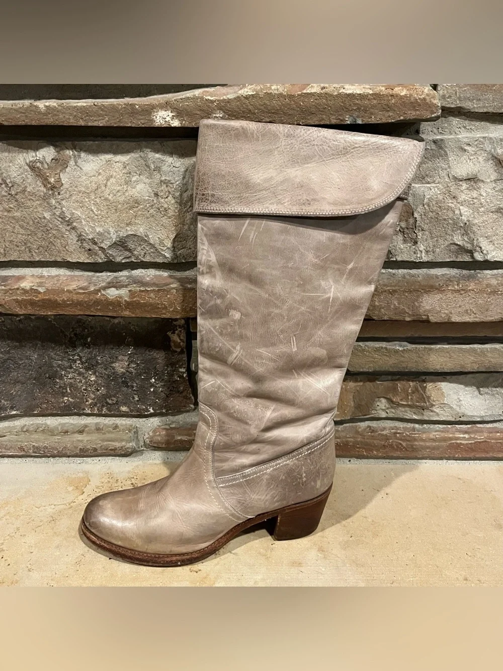 Frye Jane Distressed Fold-Over Cuff Knee Boots in Taupe